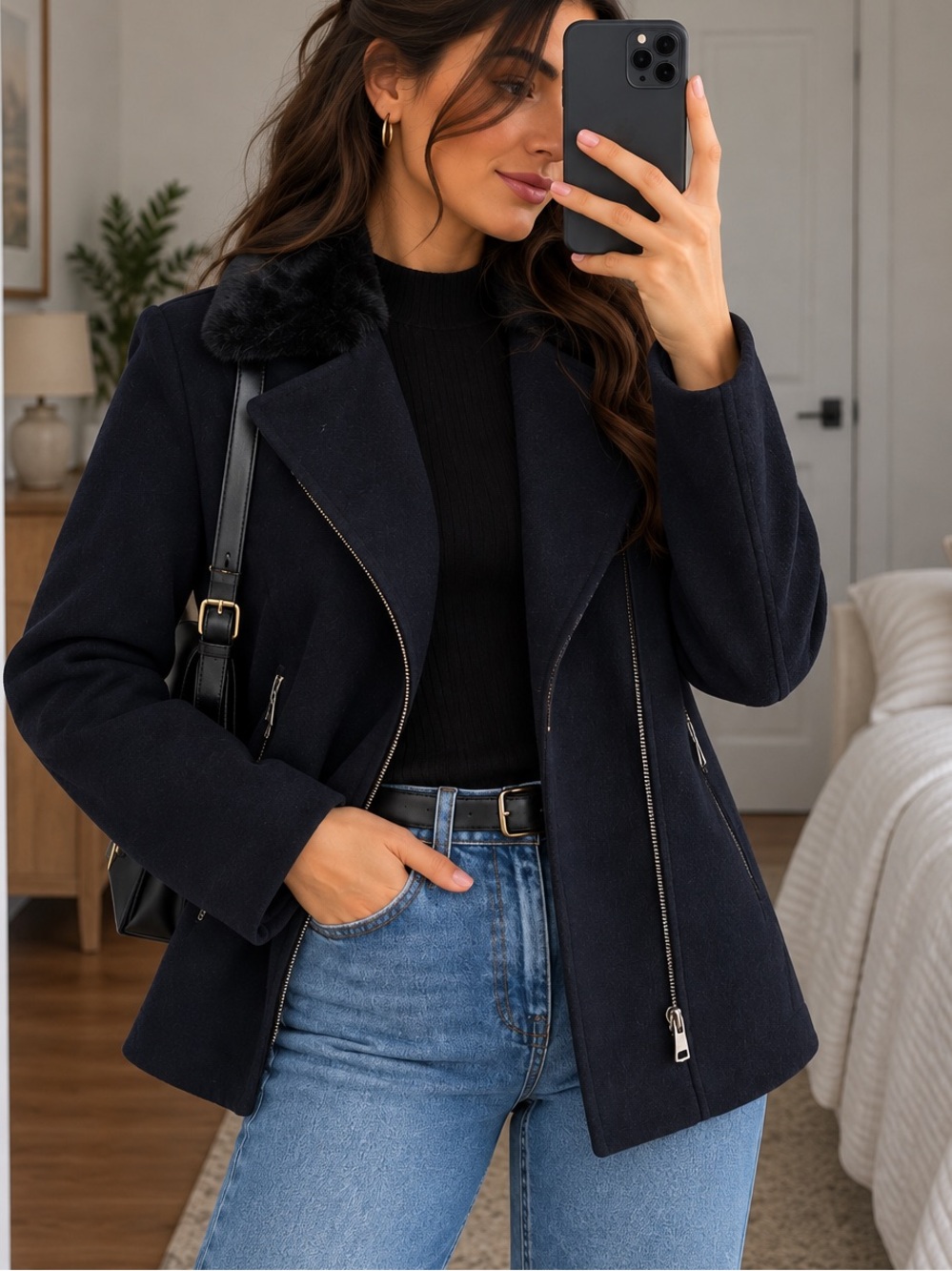 H&M Navy Wool Blend Faux Fur Collar Moto Coat Jacket Size 8